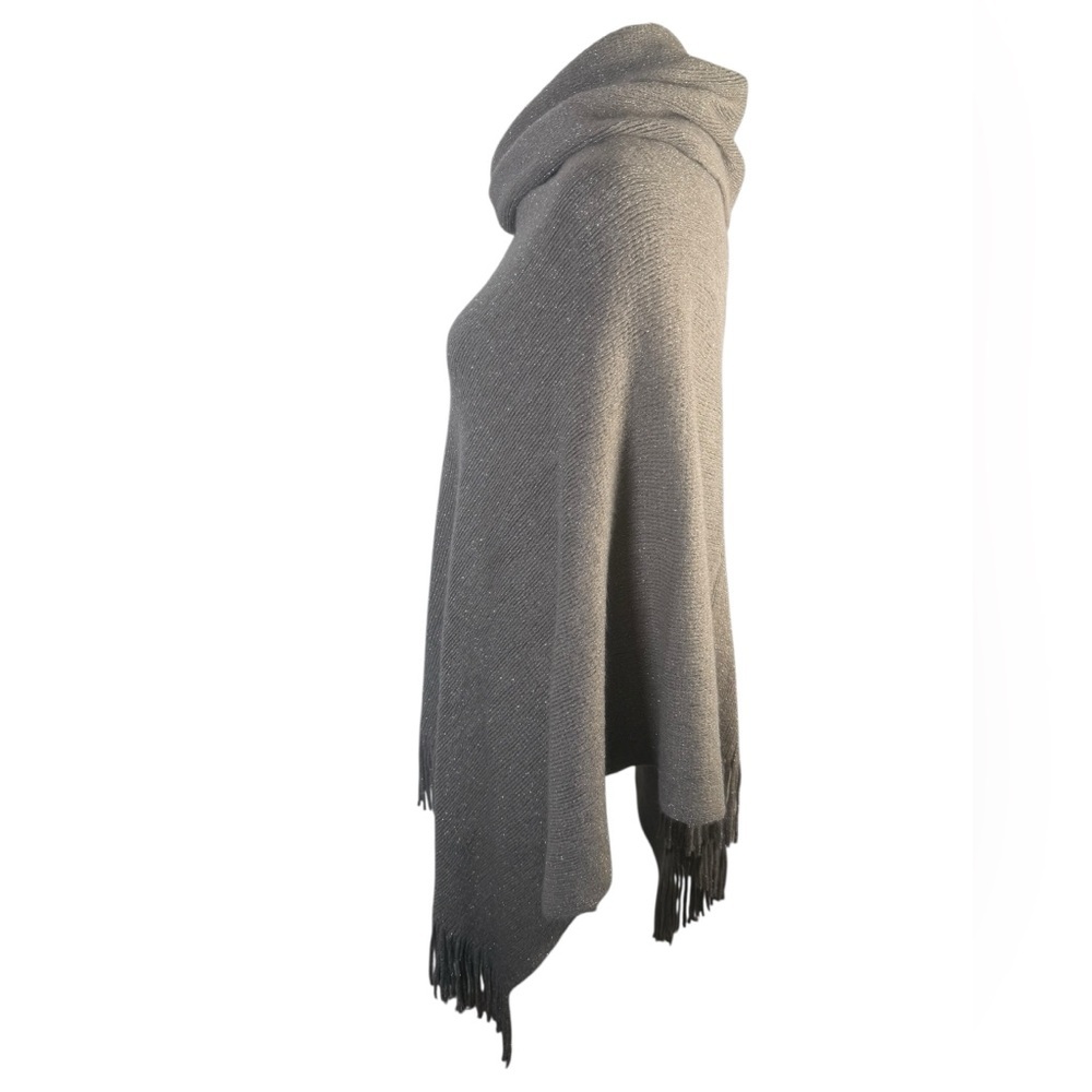 Chico’s Cowl Neck Fringed Triangle Metallic Taupe Poncho One Size NWT - Picture 2 of 7